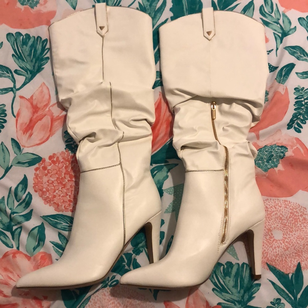 Off white knee length zip up boots. 3” heels